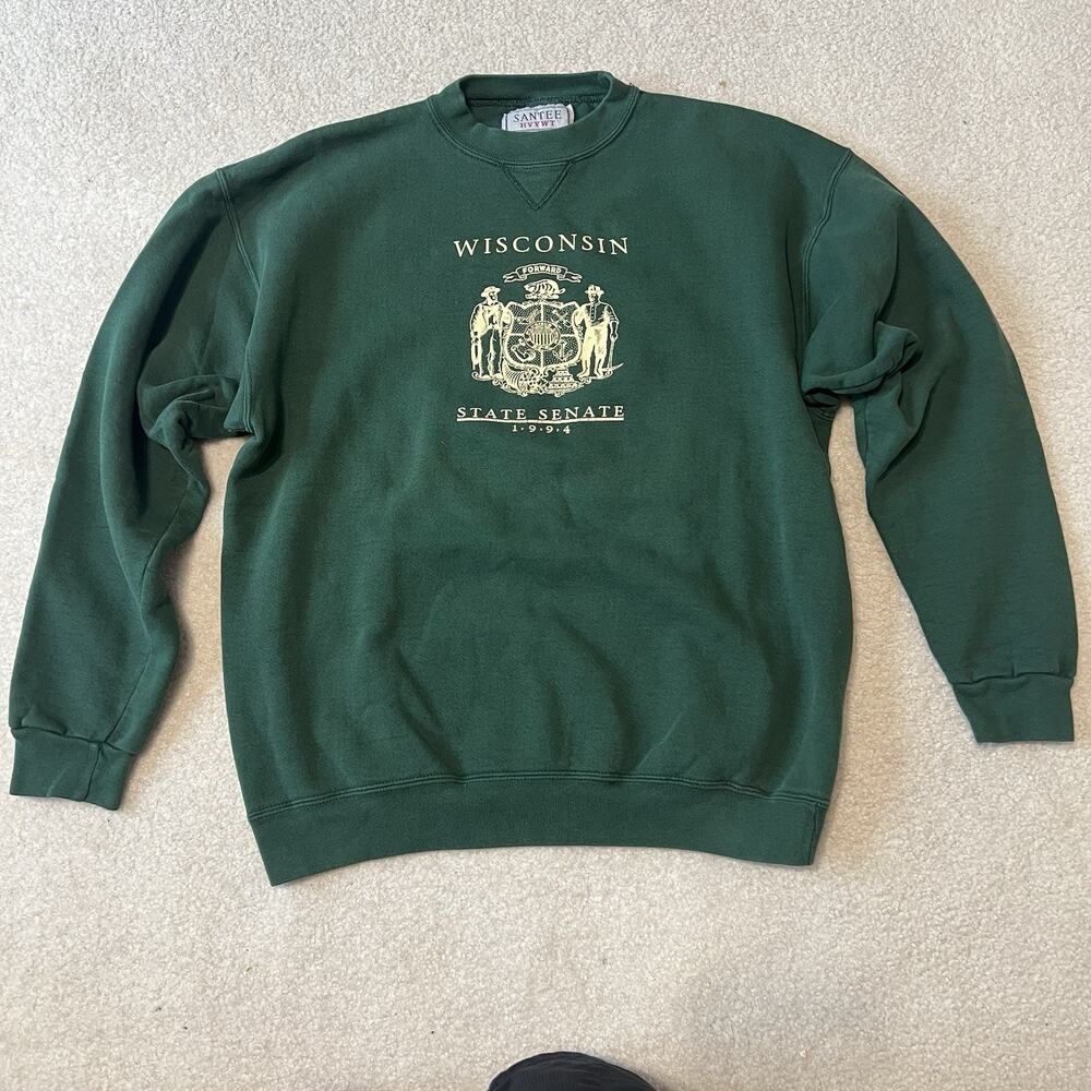 Vintage Wisconsin Sweatshirt Green Large USA Made 90s Crewneck State Senate 1994